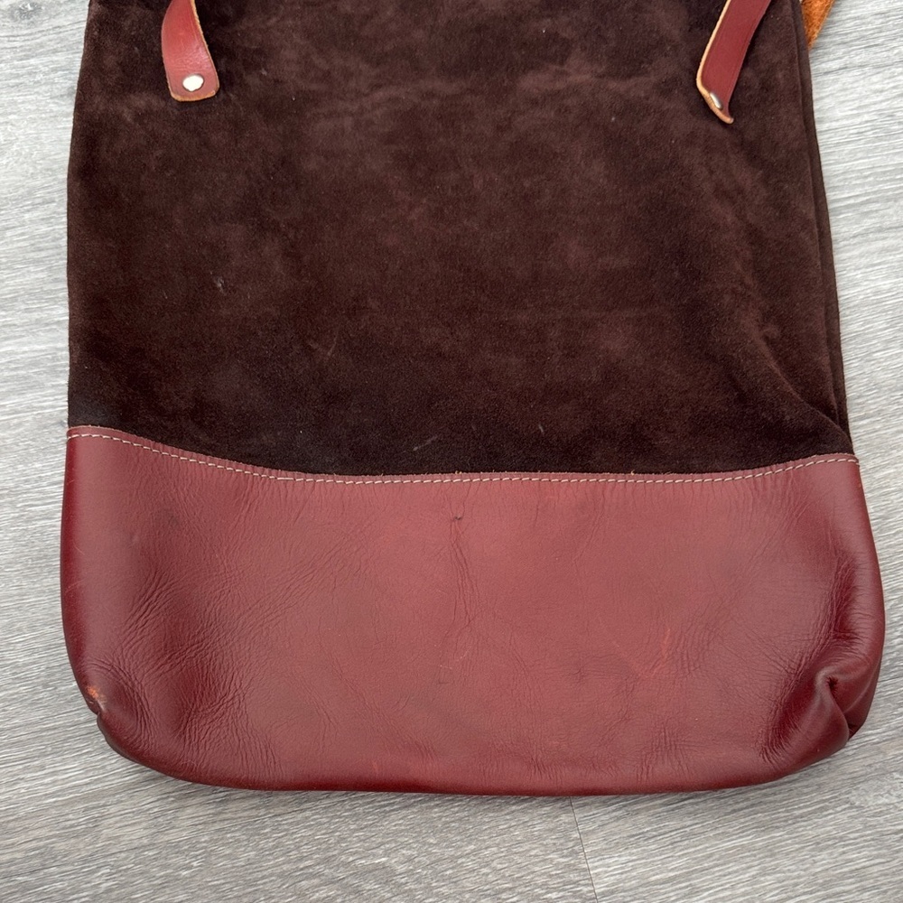 Handmade Suede and Leather Brown and Burgundy Fold Over Slouchy Bucket Bag - Picture 3 of 14